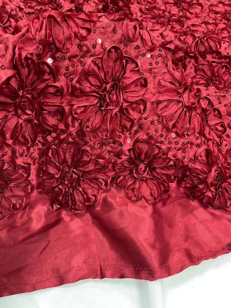 Satin Rosette Sequins Fabric - Burgundy - 3D Rosette Satin Rose Fabric with Sequins By Yard