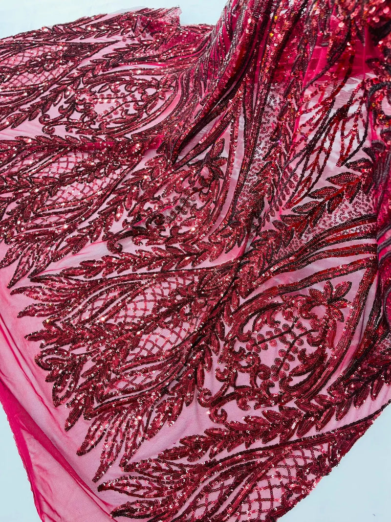 Mermaid Design Sequins Fabric - Burgundy - Sequins Fabric 4 Way Stretch on Mesh By Yard