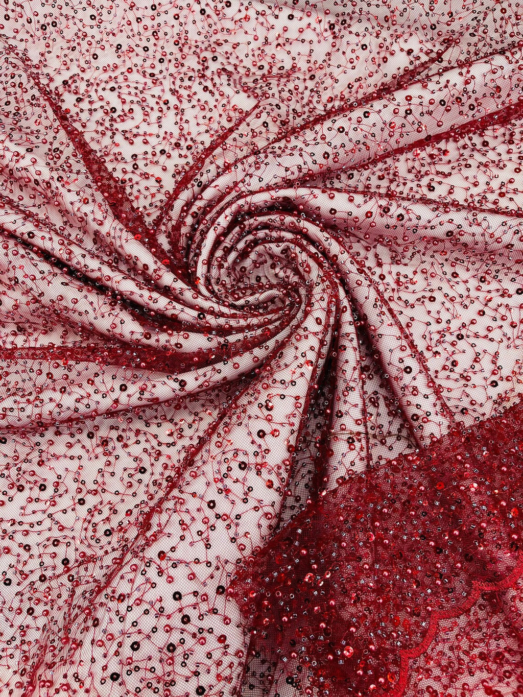 3D Beaded Mesh Fabric - Burgundy - Embroidered Beaded Lace Mesh Fabric with Small Sequins Sold By Yard