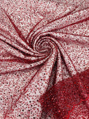 3D Beaded Mesh Fabric - Burgundy - Embroidered Beaded Lace Mesh Fabric with Small Sequins Sold By Yard