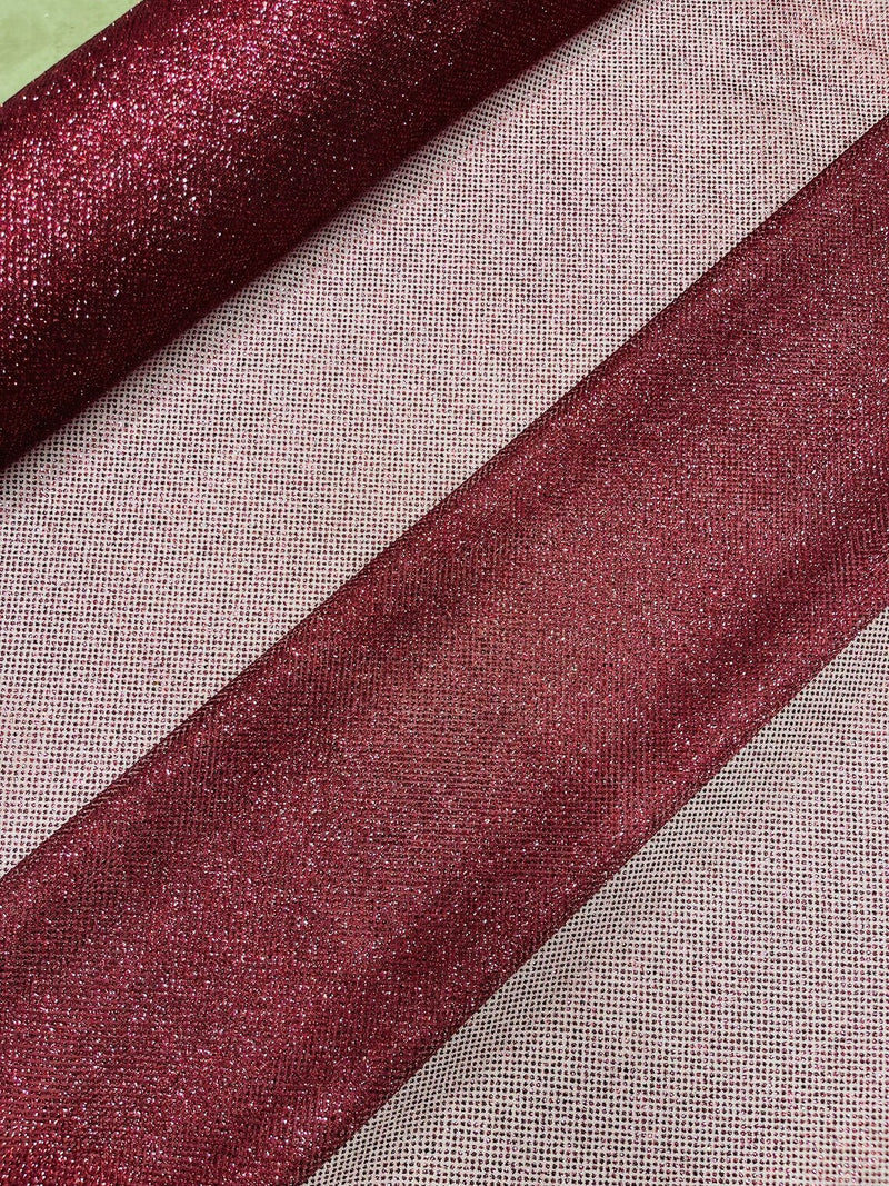 Shimmer Glitter Mesh Fabric - Burgundy - Shiny Glitter Dots Design on Lace Mesh Sold By Yard