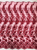 3D Floral Leaf Panels - Burgundy - Embroidered 3D Flower Lines with Pearls on Lace By Yard