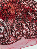 Heart Damask Sequins - Burgundy - 4 Way Stretch Elegant Shiny Sequins Fabric By Yard