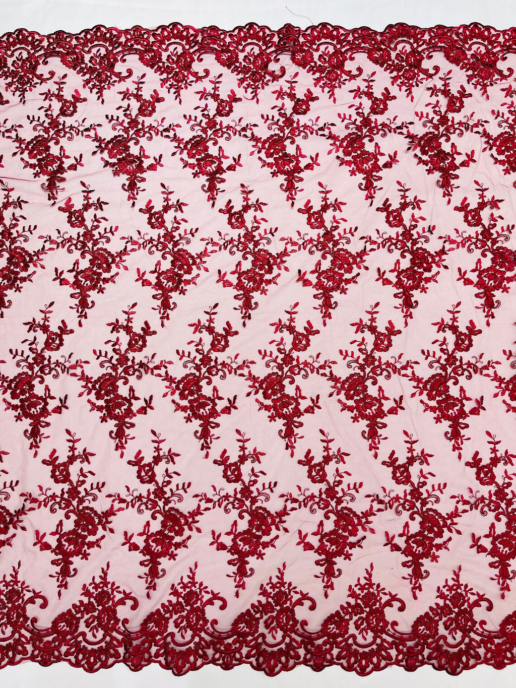 Floral Plant Lace Fabric - Burgundy - Embroidery Flower Small Leaf Design Lace Fabric Sold By Yard