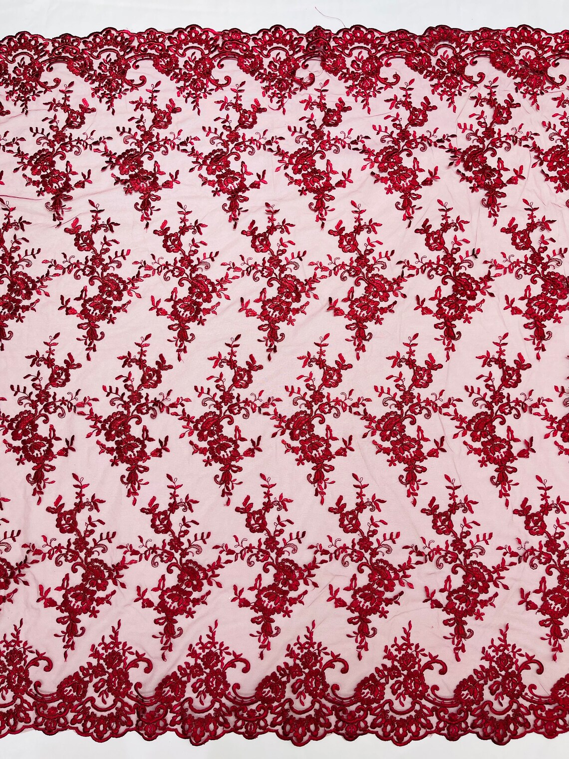 Floral Plant Lace Fabric - Burgundy - Embroidery Flower Small Leaf Design Lace Fabric Sold By Yard