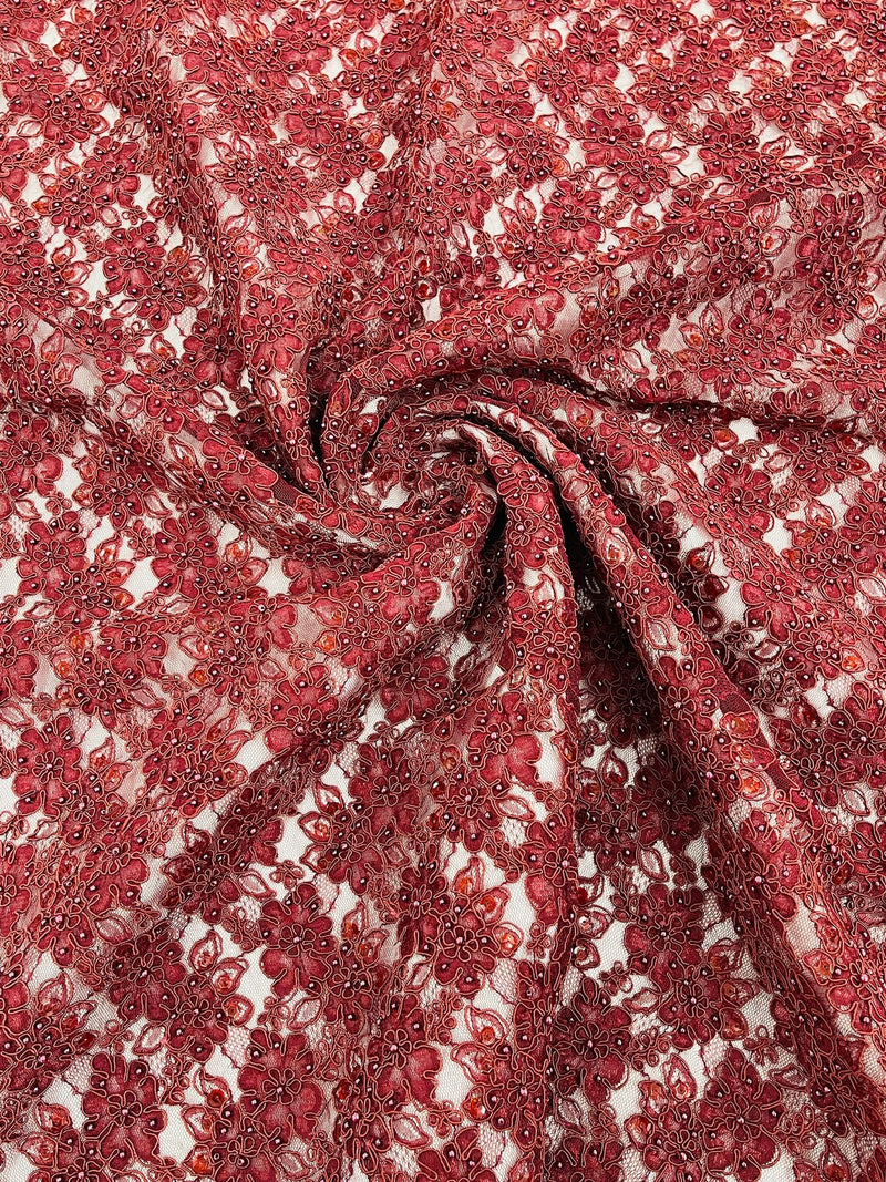 Floral Pearls and Sequins Fabric - Burgundy - Beaded Fabric Embroidered Lace By The Yard