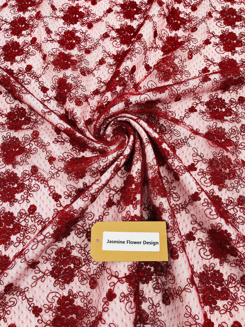 Embroidered Flower Fabric - Burgundy - Floral Design Scalloped Border Fabric By Yard