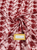 Embroidered Flower Fabric - Burgundy - Floral Design Scalloped Border Fabric By Yard