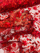 3D Flower Glitter Fabric - Burgundy - Floral Glitter Sequin Design on Lace Mesh Fabric by Yard