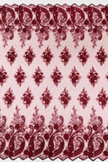 Metallic Corded Lace - Burgundy - Paisley Floral Fabric with Metallic Thread on a Mesh Lace By Yard