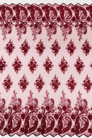 Metallic Corded Lace - Burgundy - Paisley Floral Fabric with Metallic Thread on a Mesh Lace By Yard