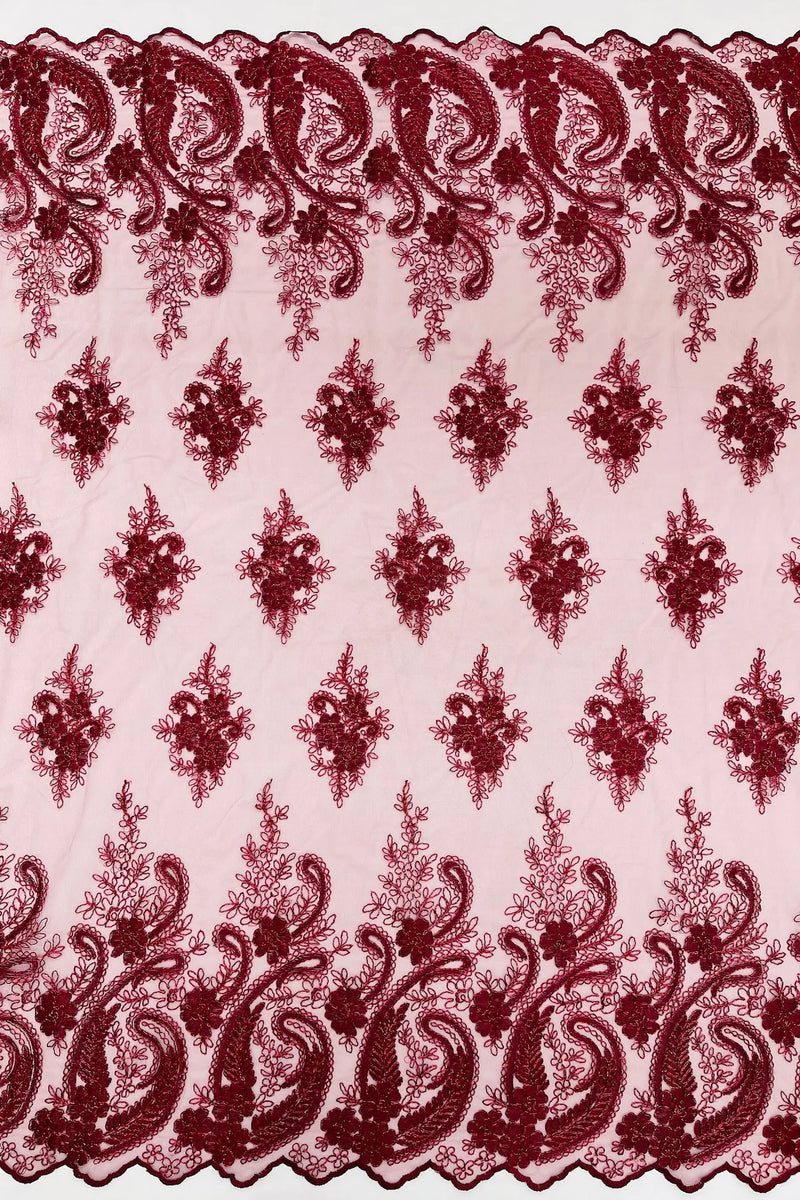 Metallic Corded Lace - Burgundy - Paisley Floral Fabric with Metallic