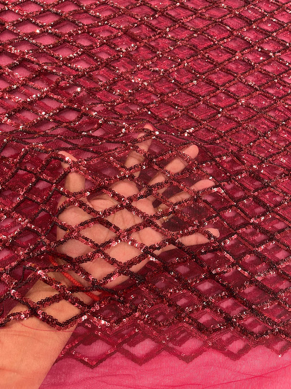 Diamond Sequins Fabric - Burgundy - Diamond Geometric Net Design on Mesh Lace Fabric By Yard