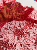 Flower Glitter Fabric - Burgundy - 3D Floral Tulle Fabric for Wedding, Quinceañera By Yard