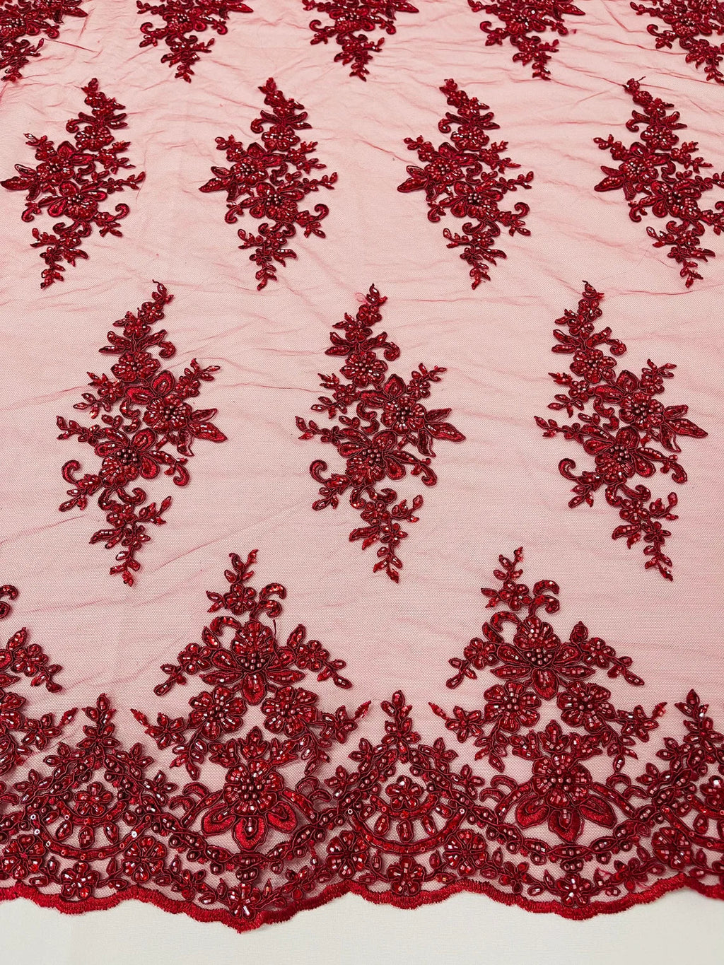 Beaded Shiny Floral Cluster - Burgundy - Embroidered Luxury Floral Design by Yard