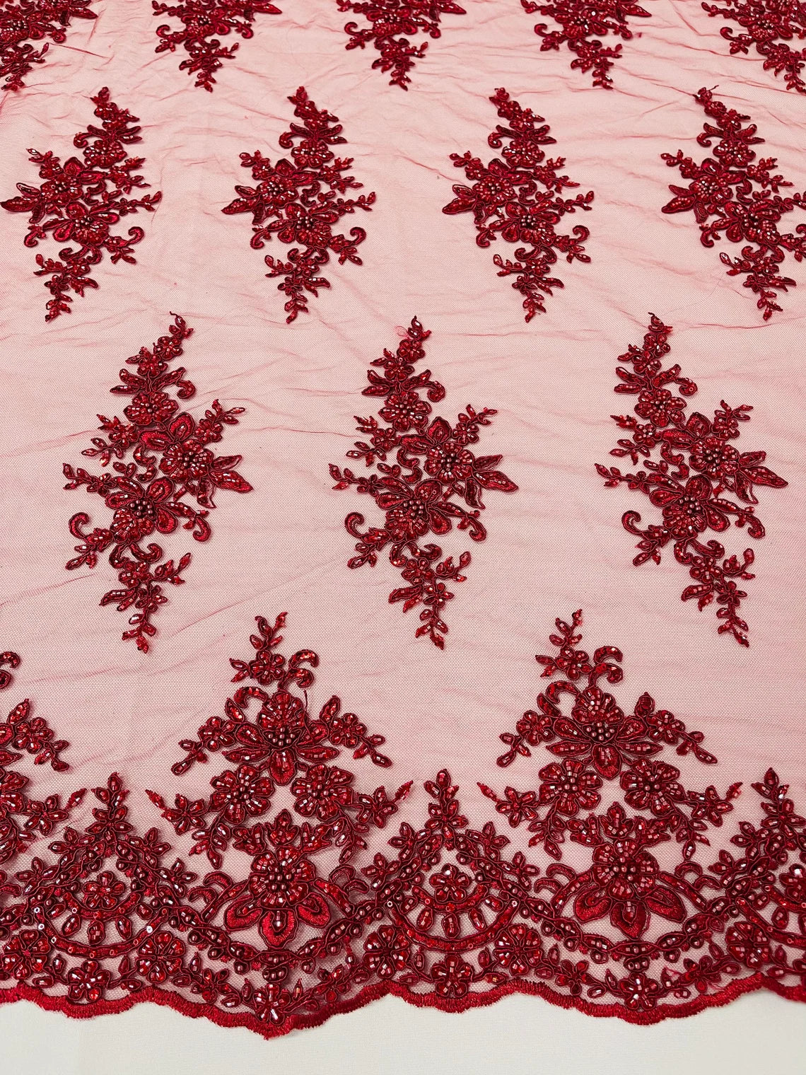 Beaded Shiny Floral Cluster - Burgundy - Embroidered Luxury Floral Design by Yard