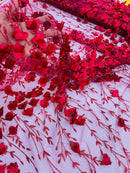 3D Flower Glitter Fabric - Burgundy - Flower Design on Glitter Mesh Fabric Sold By Yard