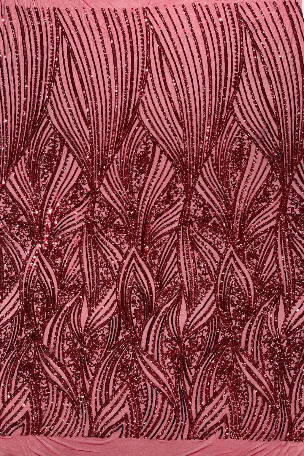 Curvy Line Design Fabric - Burgundy - 4 Way Stretch Sequins Design Mesh Lace Fabric by Yard