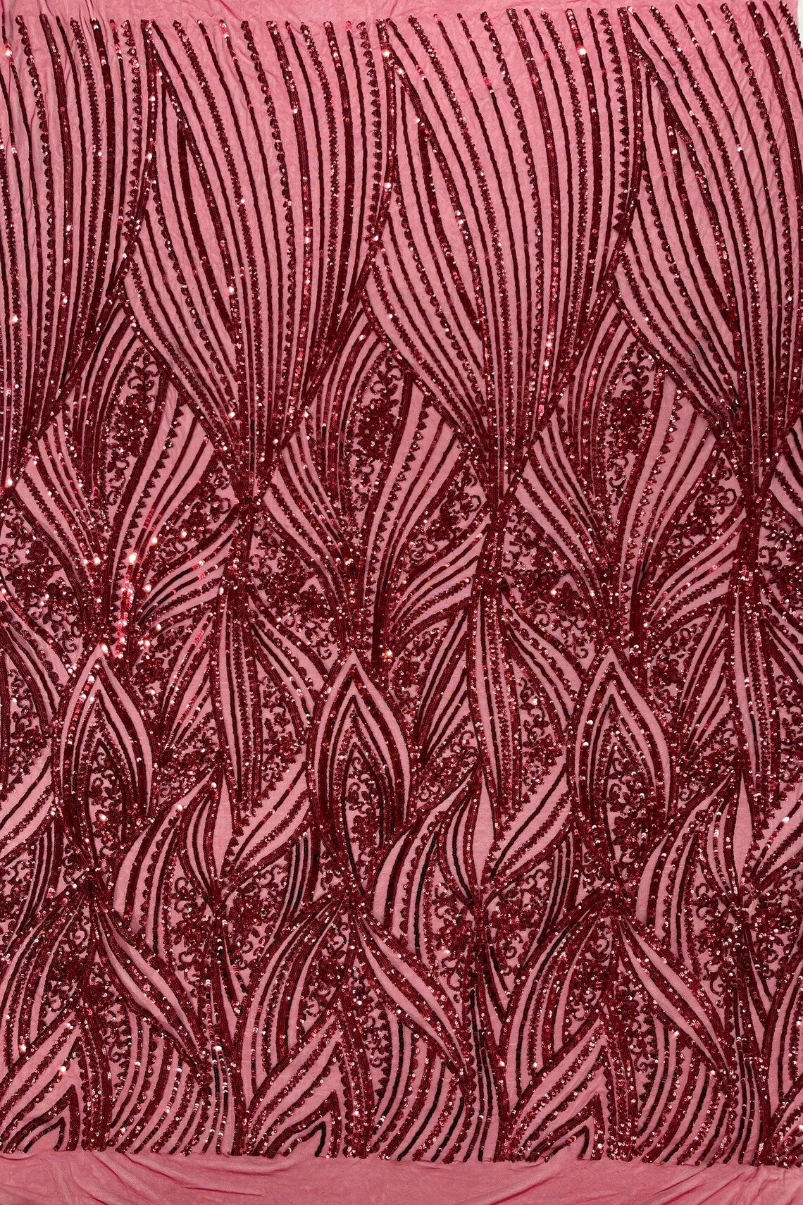 Curvy Line Design Fabric - Burgundy - 4 Way Stretch Sequins Design Mesh Lace Fabric by Yard