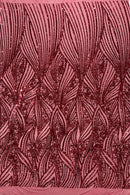 Curvy Line Design Fabric - Burgundy - 4 Way Stretch Sequins Design Mesh Lace Fabric by Yard