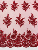 Floral Lace Flower Fabric - Burgundy - Floral Embroidered Fabric with Sequins on Lace By Yard