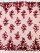 3D Floral Rhinestone Fabric - Burgundy - Beaded Flower Clusters with Rhinestones and Sequins By Yard