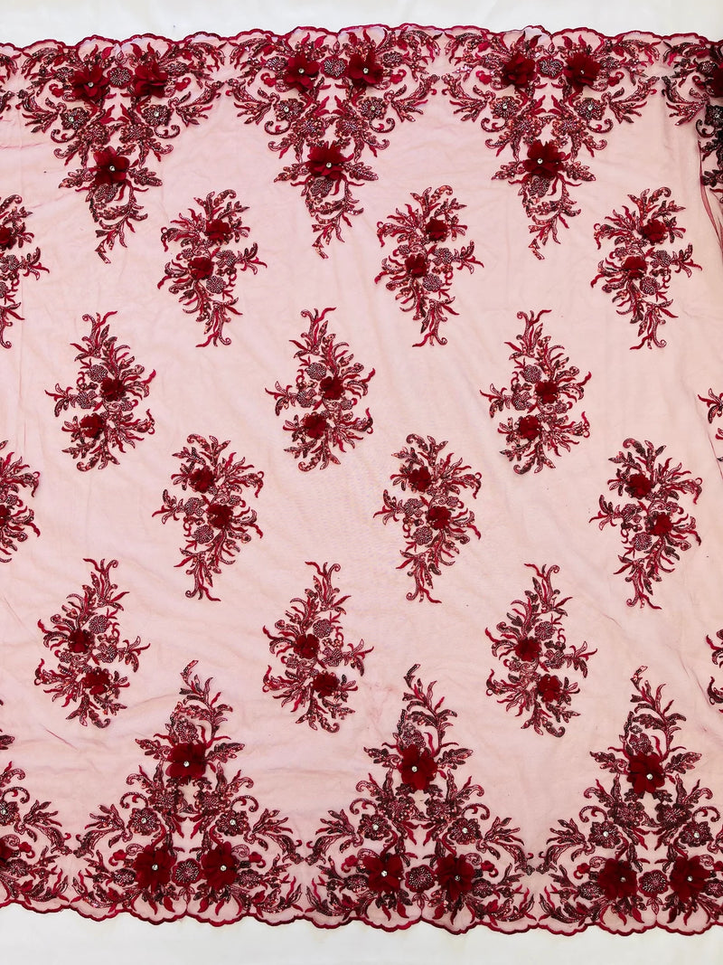 3D Floral Rhinestone Fabric Burgundy Beaded Flower Clusters with Rhinestones and Sequins By Yard