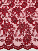 Corded Lace Floral Fabric - Burgundy - Hologram Sequins Metallic Thread Floral Fabric by Yard