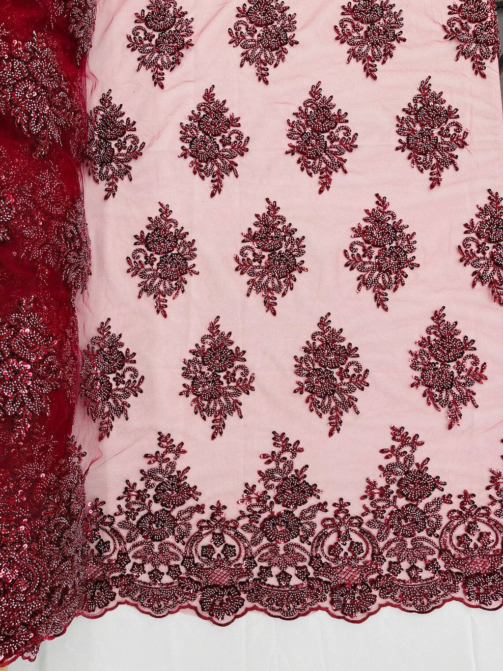 Heavy Beaded Floral Fabric - Burgundy - Luxury Heavy Duty Bead Bridal Floral Cluster Lace Fabric by the yard