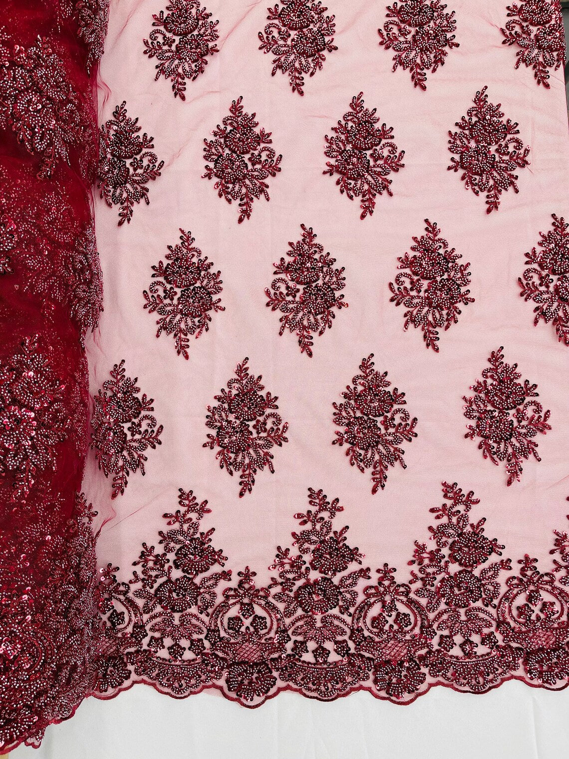 Heavy Beaded Floral Fabric - Burgundy - Luxury Heavy Duty Bead Bridal Floral Cluster Lace Fabric by the yard