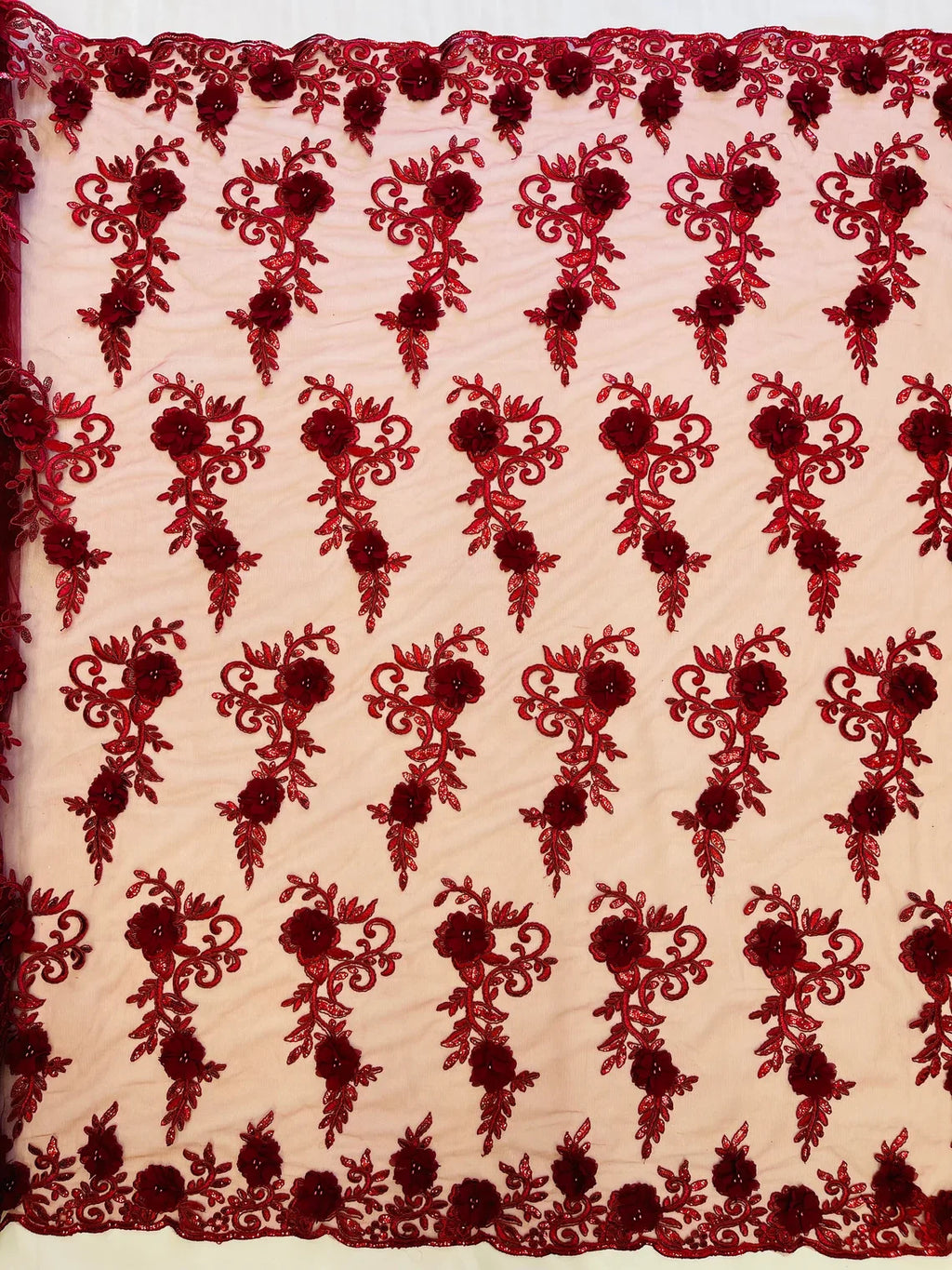 3D Flower Cluster Fabric - Burgundy - 3D Flower Leaf Design Fabric with Pearls Sold By Yard