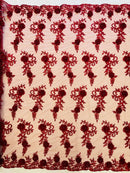 3D Flower Cluster Fabric - Burgundy - 3D Flower Leaf Design Fabric with Pearls Sold By Yard