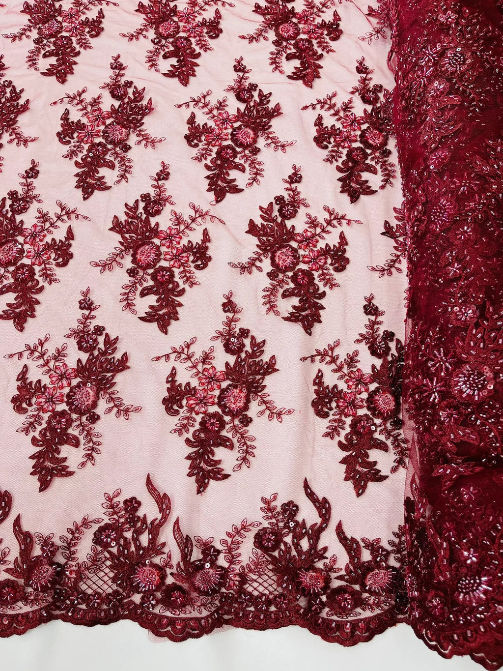 Beaded Flower Sequins Fabric - Burgundy - Embroidered Beaded Floral Clusters Sequins Fabric By Yard