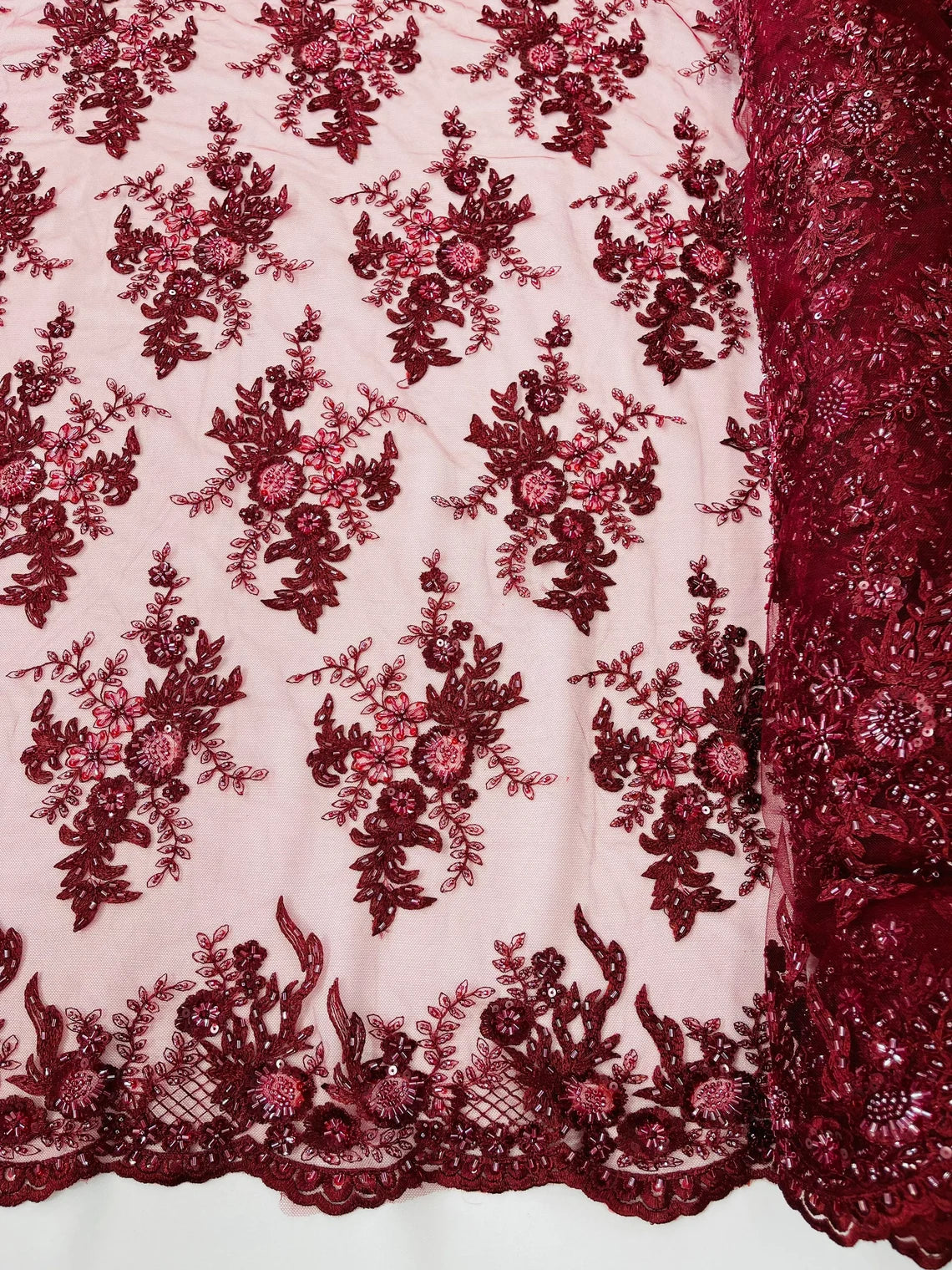 Beaded Flower Sequins Fabric - Burgundy - Embroidered Beaded Floral Clusters Sequins Fabric By Yard