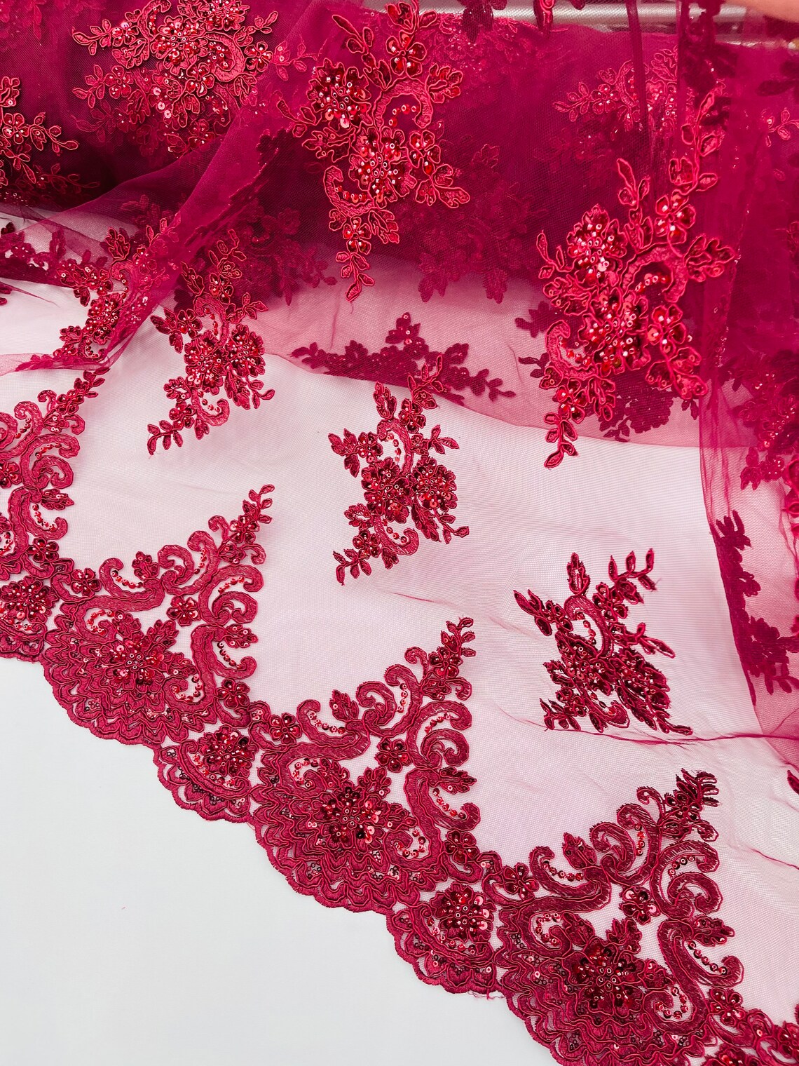 Beaded Floral Fabric - Burgundy - Floral Cluster Design Fabric with Damask Border by Yard