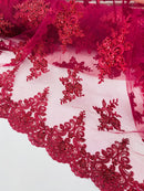 Beaded Floral Fabric - Burgundy - Floral Cluster Design Fabric with Damask Border by Yard