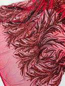 Leaf Design Stretch Sequins - Burgundy - 4 Way Stretch Lace Mesh Sequins Fabric by Yard