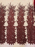 3D Beaded Peacock Feathers - Burgundy - Vegas Design Embroidered Sequins and Beads On a Mesh Lace Fabric (Choose The Panels)