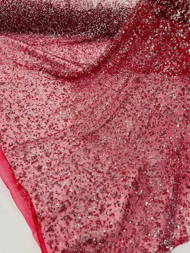 Beads and Sequins Lace - Burgundy / Silver - Embroidered Beads and Sequins on Lace Mesh Fabric By Yard