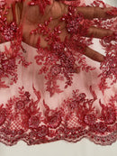 Floral Leaf Beaded Fabric - Burgundy - Embroidered Flower Leaf Design Beaded Fabric By Yard