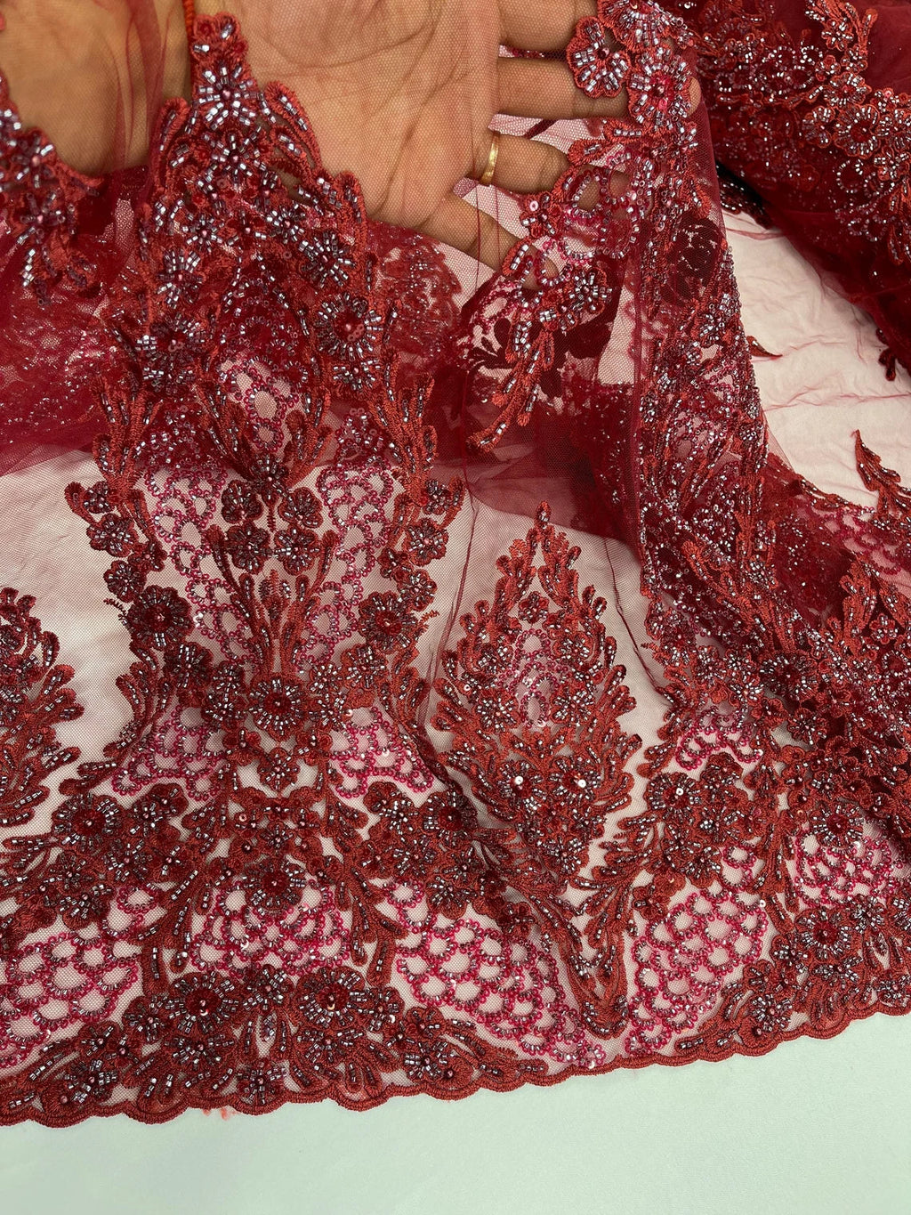 Heavy Bead Floral Fabric - Burgundy - Beaded Flower Design Fabric Fancy Border By Yard