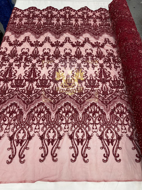 Damask Bead Fabric - Burgundy - Embroidered Glamorous Fabric with Round Beads Sold By Yard