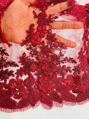 Corded Floral 3D Fabric - Burgundy - Embroidered Floral Design on Lace Mesh Fabric by Yard
