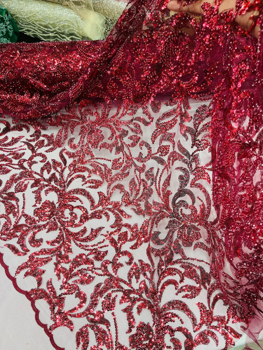 Beaded Flower Leaf Fabric - Burgundy - Shiny Beads and Sequins in Flower Design on Lace by Yard