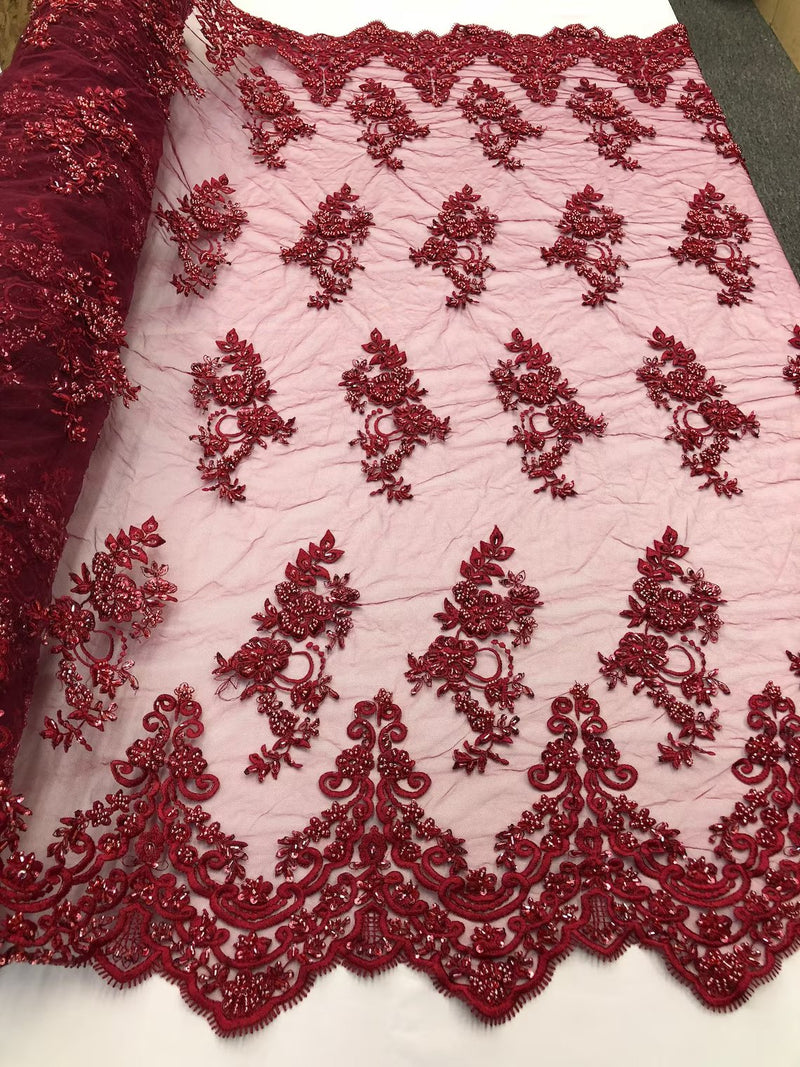Beaded Floral Fabric - Burgundy - Embroidered Flower Cluster Beaded Fabric Sold By Yard