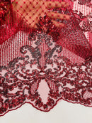 King Damask Design Fabric - Burgundy - Embroidered Corded Mesh Lace Fabric with Sequins By Yard