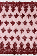 Damask Border Corded Lace - Burgundy - Floral Cluster Design Damask Border on Lace Fabric Yard