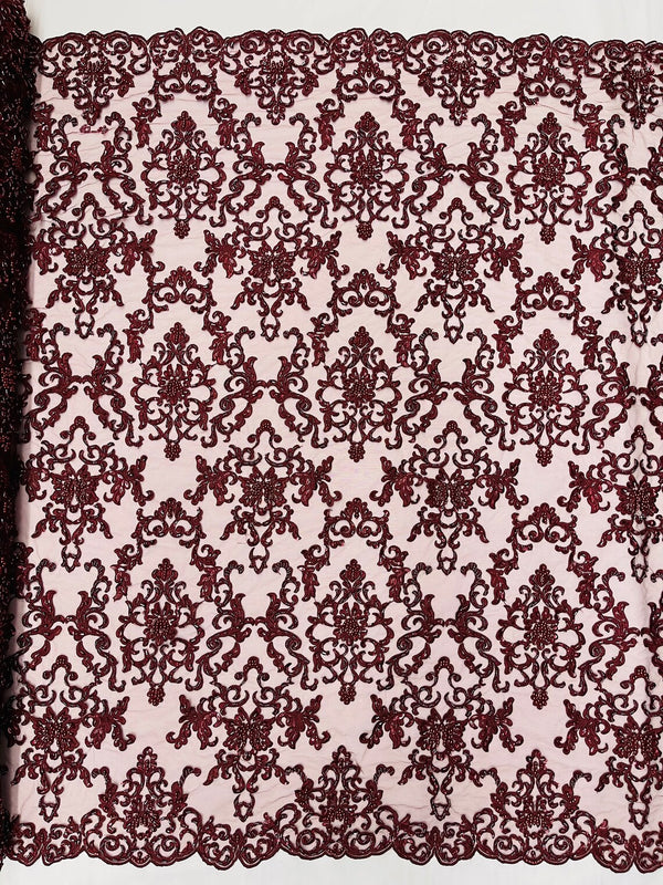Butterfly Bead Sequins Fabric - Burgundy - Damask Beaded Sequins Lace Fabric by the yard