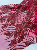 Wavy Leaf Sequins Fabric - Burgundy - Wavy Lines and Leaves Design on Lace Mesh Fabric by Yard
