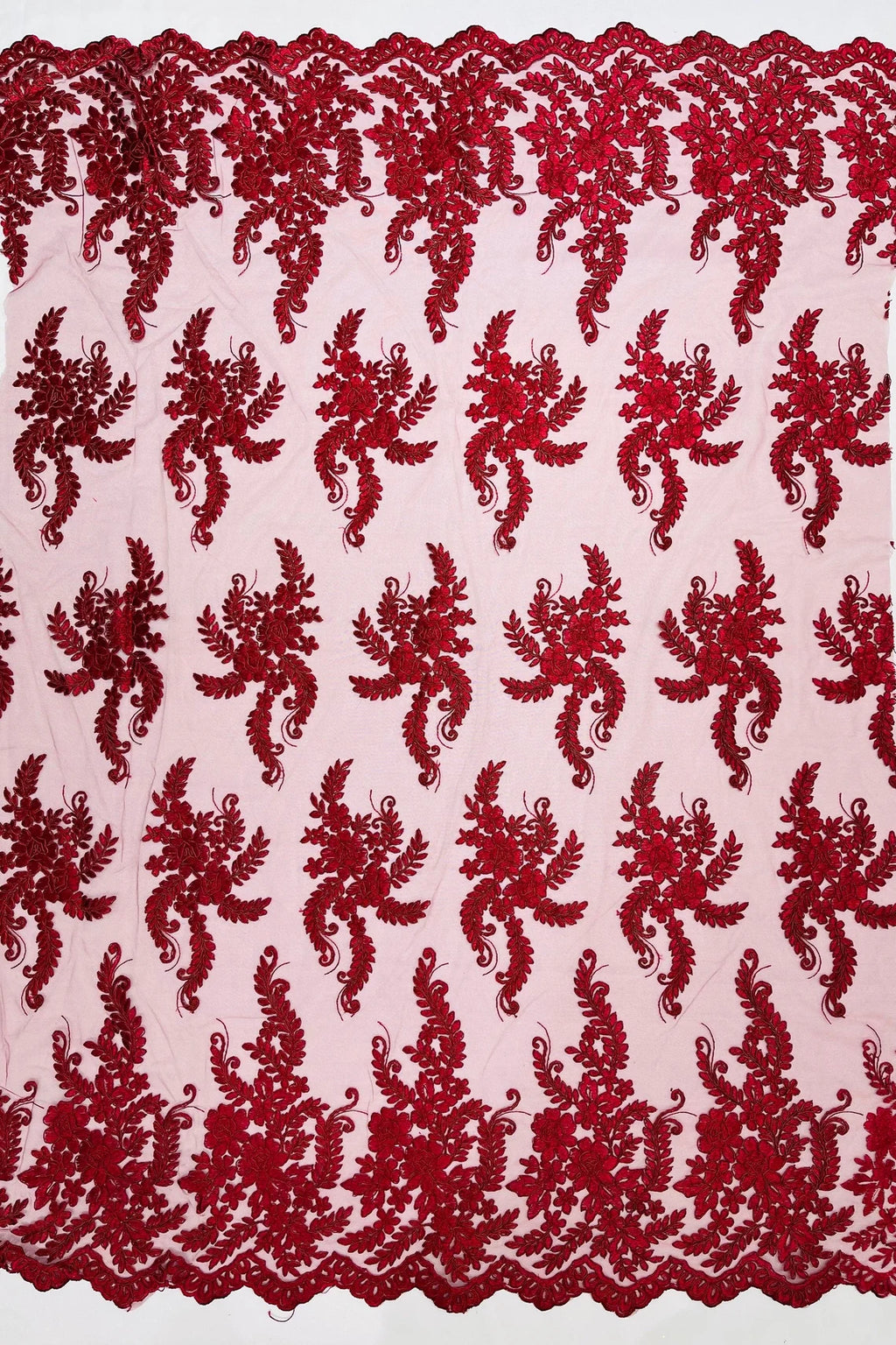 Long Leaf Designs Lace Fabric - Burgundy - Embroidered Braid Leaf Patt